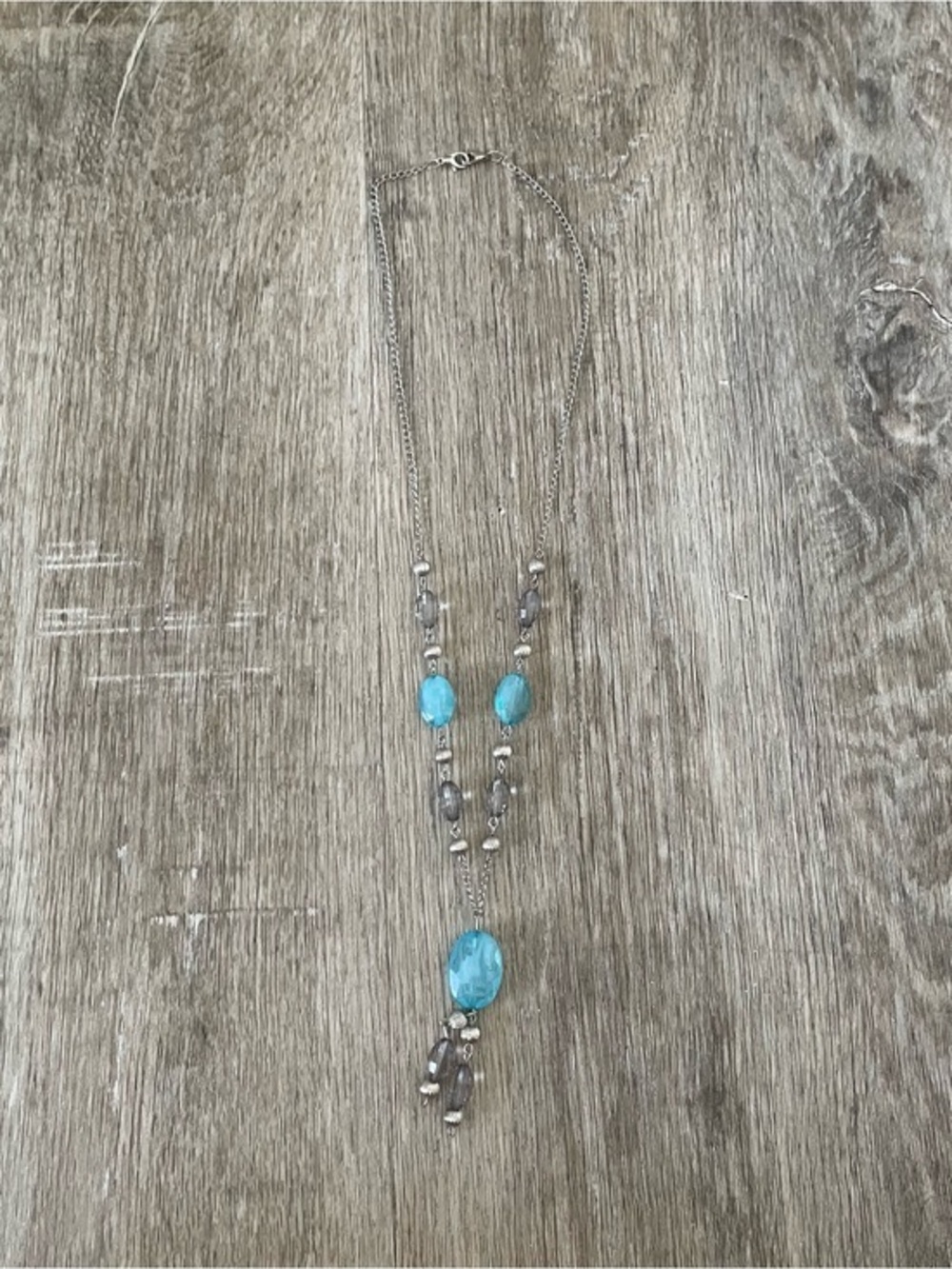 Silver Tone Turquoise Blue & Gray Beaded Long Necklace Layered Statement
